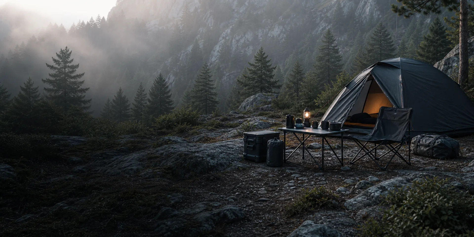 Unbranded camping equipment set up in an alpine forest