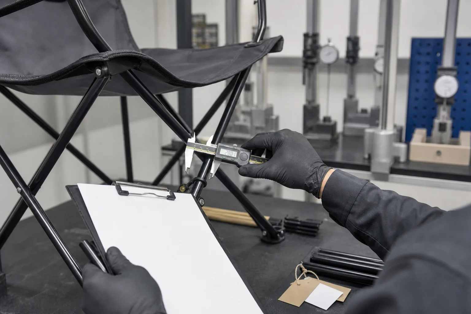 Folding camp chair frame undergoing dimensional quality inspection